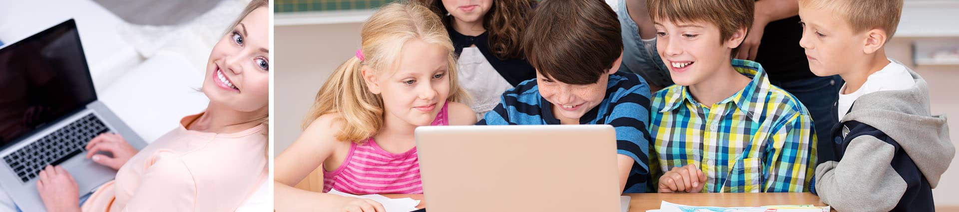 woman with a laptop in her lap and a group of children gathered around a laptop on a desk