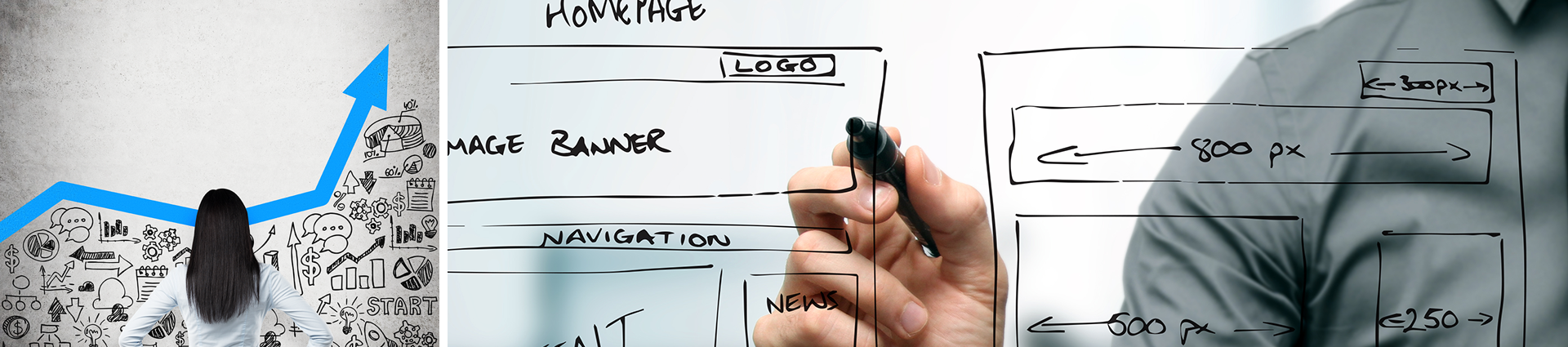 adult looking at marketing icons with up graph bar and a person drawing a website wire frame